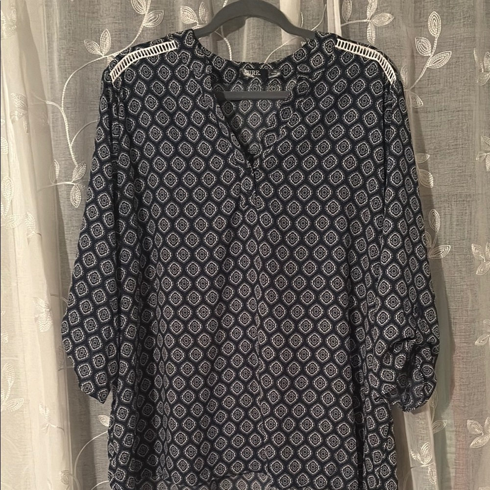 Blue Boxy Blouse with Mandarin Collar and 3/4 Sleeves